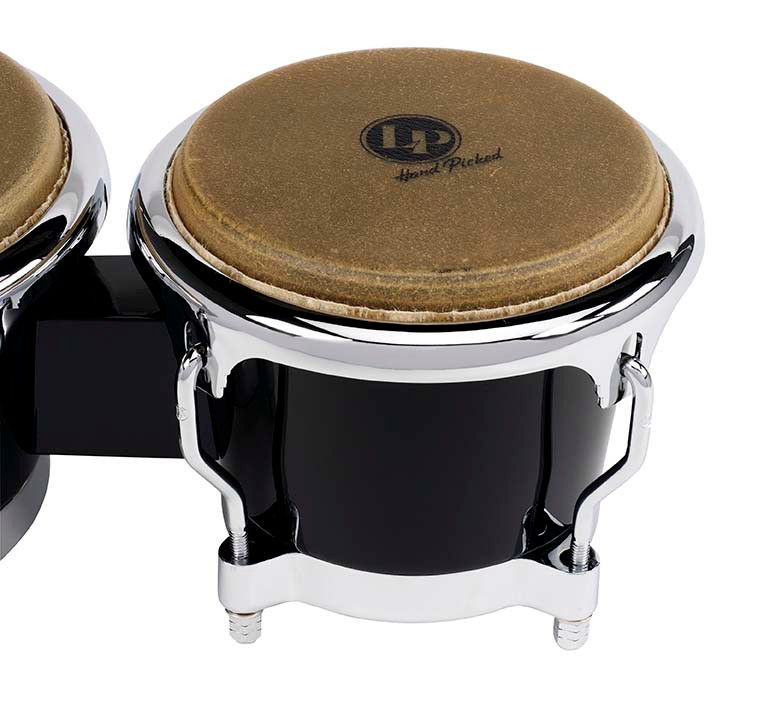 Latin Percussion LP 7-1/4" and 8-5/8" Fiberglass Bongos – Black with Chrome Plated Hardware (LP200XF-BK) – durable fiberglass bongos delivering bright tone and projection, available at Musician Madness.