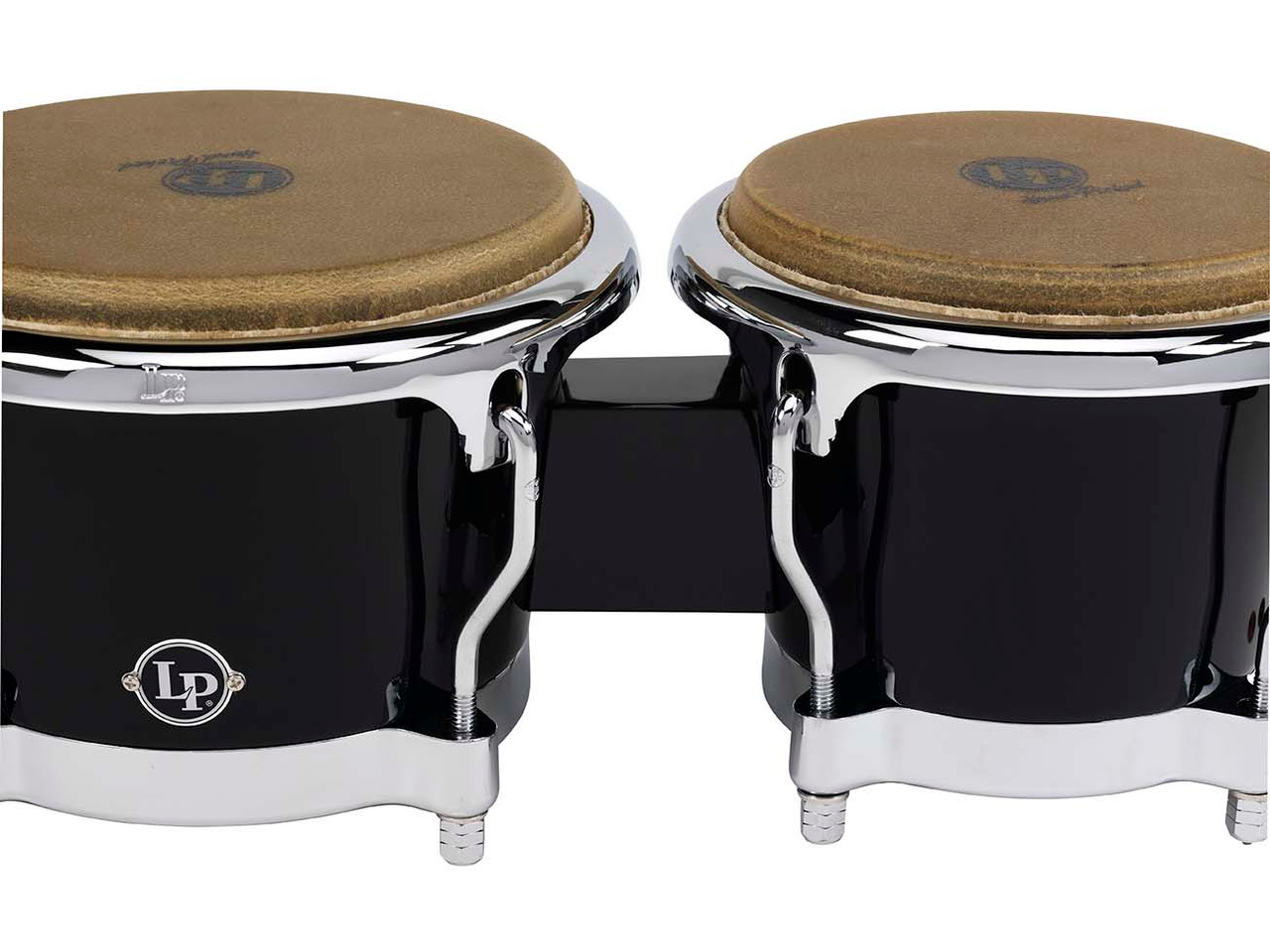 Latin Percussion LP 7-1/4" and 8-5/8" Fiberglass Bongos – Black with Chrome Plated Hardware (LP200XF-BK) – durable fiberglass bongos delivering bright tone and projection, available at Musician Madness.