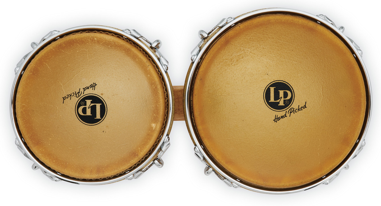 Latin Percussion LP 7-1/4" and 8-5/8" Generation II Bongos â€“ Natural with Chrome Hardware (LP201A-2) â€“ traditional LP bongos with warm tone and professional design, available at Musician Madness.