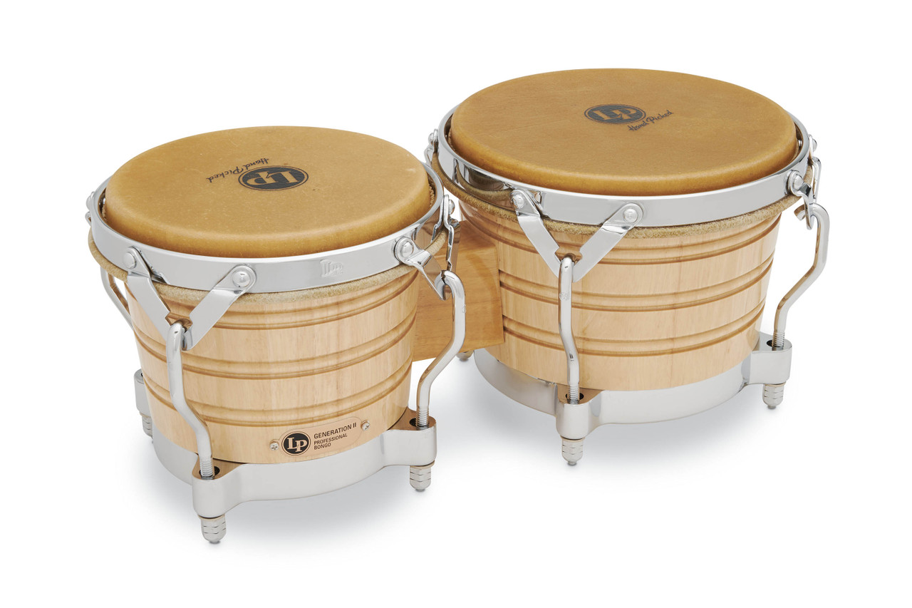 Latin Percussion LP Gen 2 CCII 7-1/4"â€“8-5/8" Oak Bongos in Natural Finish (LP201AX-2) â€“ handcrafted LP bongos with classic tone and durable oak shells, available at Musician Madness.
