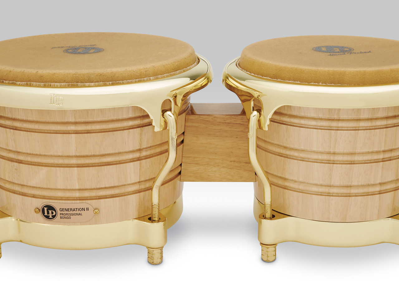 Latin Percussion LP 7-1/4" and 8-5/8" Generation II Bongos – Natural Finish with Gold Hardware (LP201AX-2AW) – handcrafted LP bongos with oak shells and premium tone, available at Musician Madness.