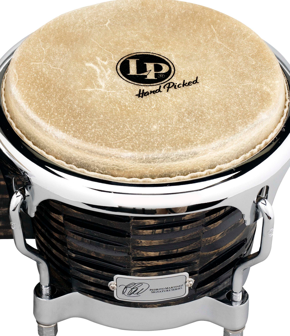 Latin Percussion LP Pedrito Martinez Signature Deep Cut Mango Bongos (LP201AX-PM) â€“ handcrafted mango wood signature bongos designed with Pedrito Martinez, available at Musician Madness.