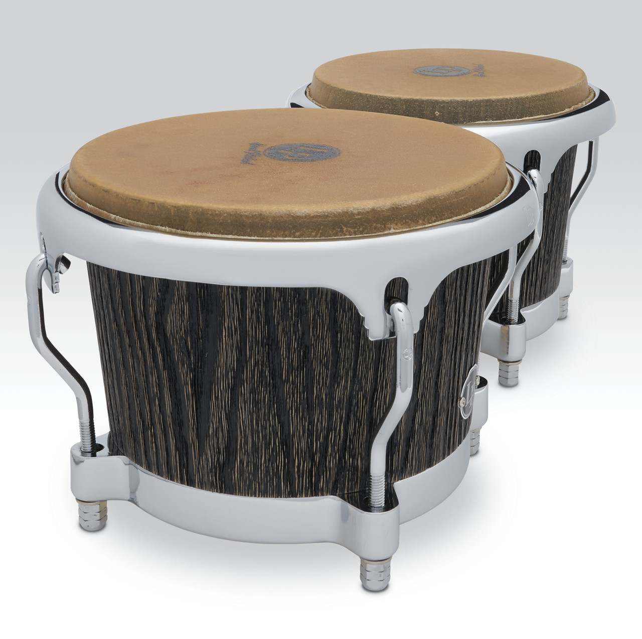 Latin Percussion LP Uptown CCII 7-1/4"â€“8-5/8" Bongos â€“ Sculpted Ash in Espresso Stain with Chrome Hardware (LP201SA) â€“ elegant LP bongos with warm tone and professional design, available at Musician Madness.