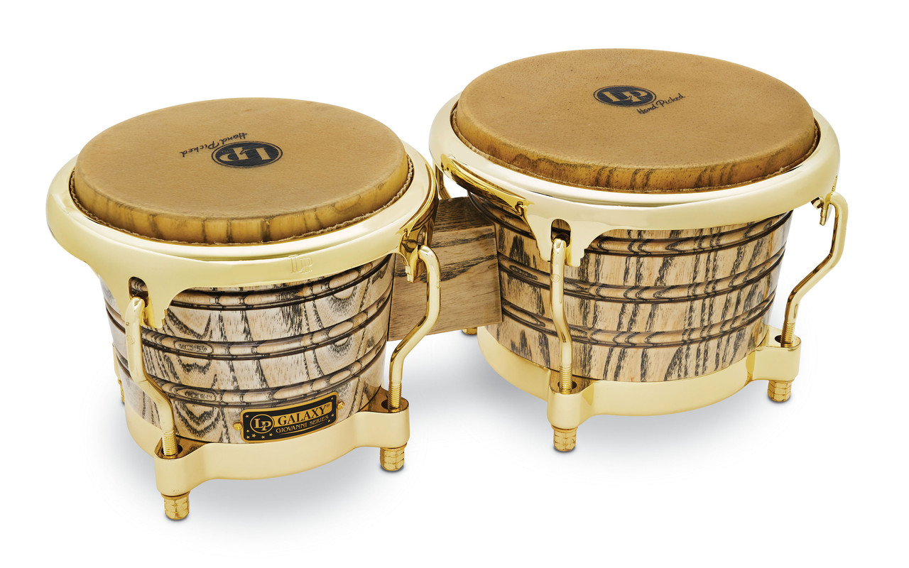 Latin Percussion LP Giovanni Galaxy CCII 7-1/4"–8-5/8" Bongos – Natural American Ash with Gold Hardware (LP793X) – professional LP signature bongos designed with Giovanni Hidalgo, available at Musician Madness.