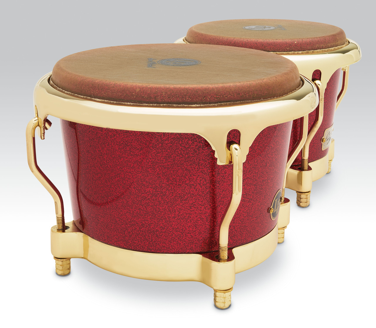 Latin Percussion LP Fausto Cuevas III Signature 7-1/4"–8-5/8" Bongos – Ferrari Red Fiberglass with Gold Hardware (LP794V-ARG) – premium LP signature bongos available at Musician Madness.