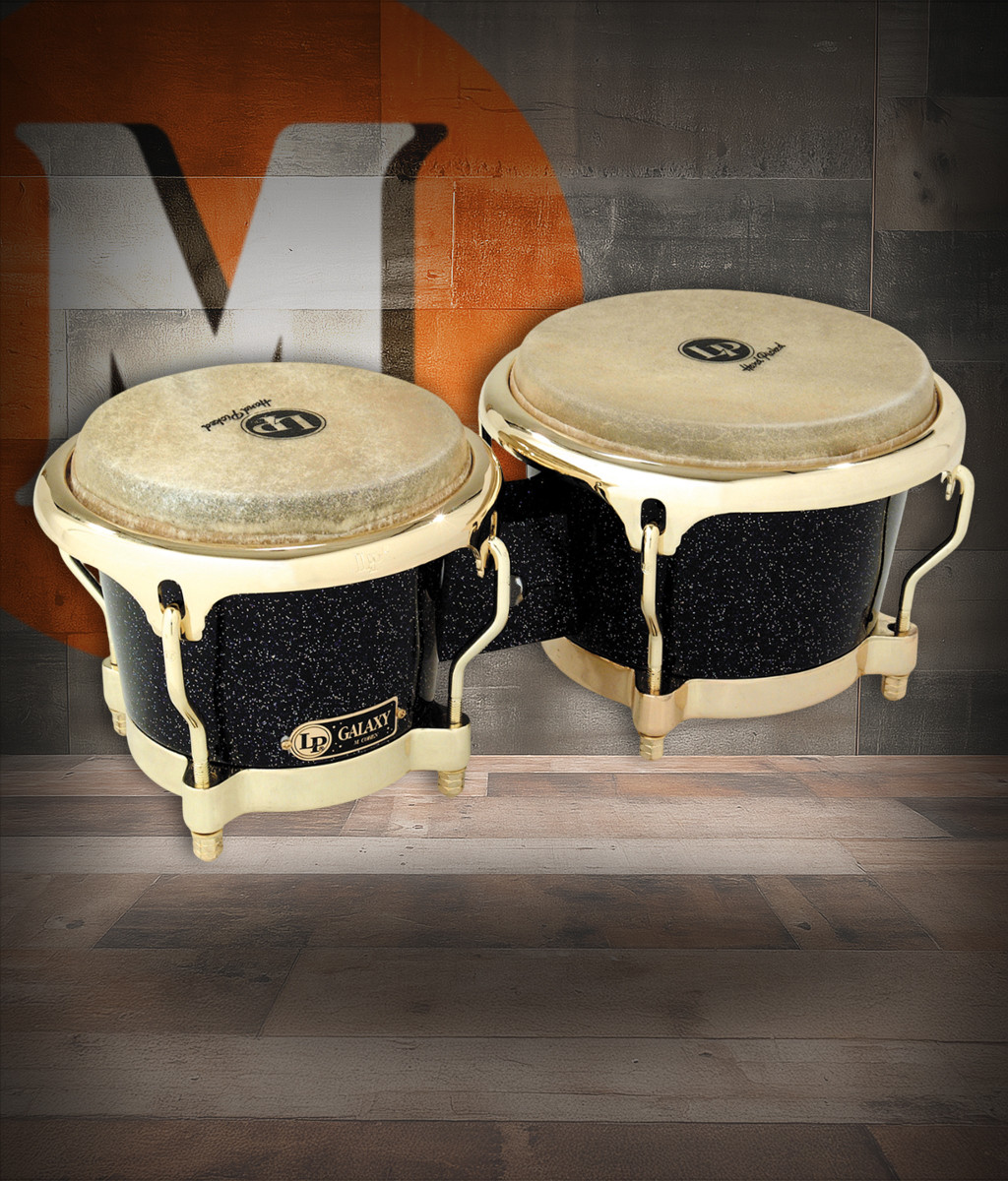 Latin Percussion LP Galaxy 7-1/4"–8-5/8" Fiberglass Bongos – Black with Gold Hardware (LP794X) – powerful, premium LP bongos crafted for projection, available at Musician Madness.