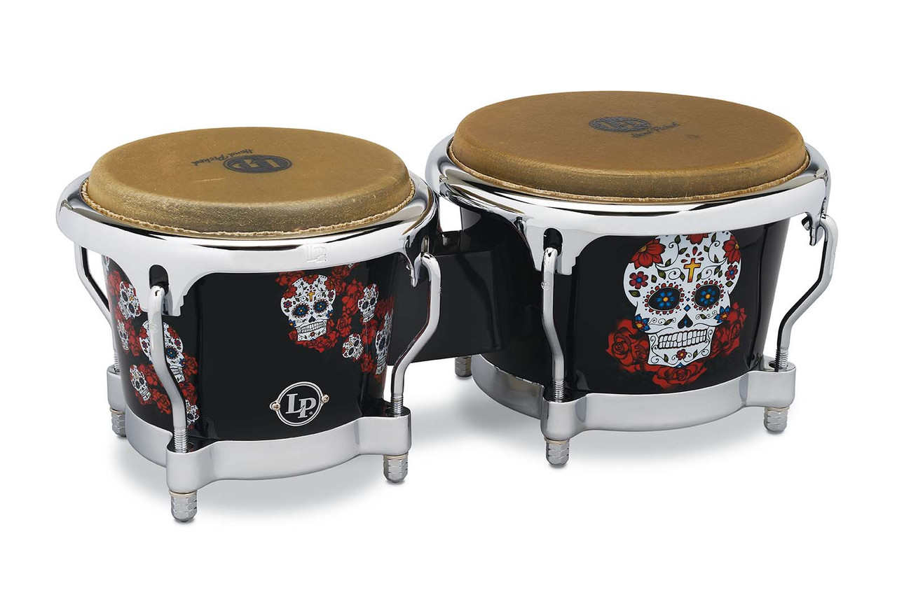 Latin Percussion LP Karl Perazzo Signature CCII 7-1/4"-8-5/8" Fiberglass Bongos - Sugar Skull Artwork with Chrome Hardware (LP794X-KP) | Musician Madness