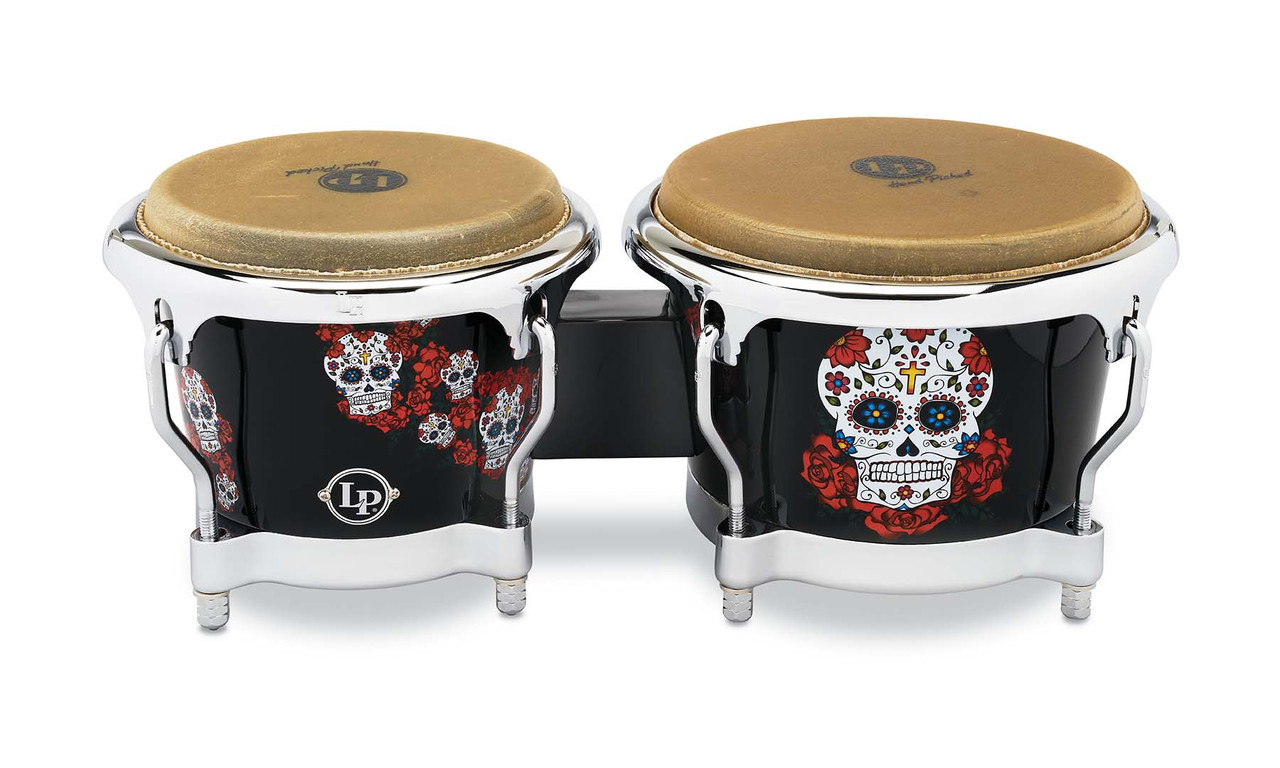 Latin Percussion LP Karl Perazzo Signature CCII 7-1/4"-8-5/8" Fiberglass Bongos - Skull Artwork with Chrome Hardware (LP794X-KP) - signature LP bongos with high projection, available at Musician Madness.