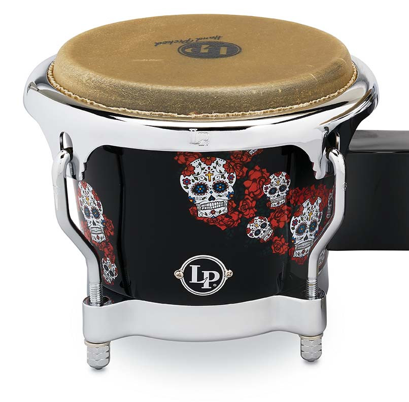 Latin Percussion LP Karl Perazzo Signature CCII 7-1/4"-8-5/8" Fiberglass Bongos - Sugar Skull Artwork with Chrome Hardware (LP794X-KP) | Musician Madness