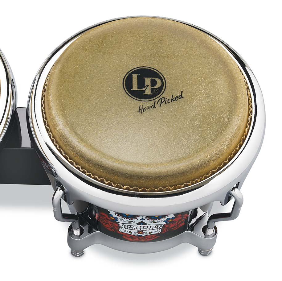 Latin Percussion LP Karl Perazzo Signature CCII 7-1/4"-8-5/8" Fiberglass Bongos - Skull Artwork with Chrome Hardware (LP794X-KP) - signature LP bongos with high projection, available at Musician Madness.