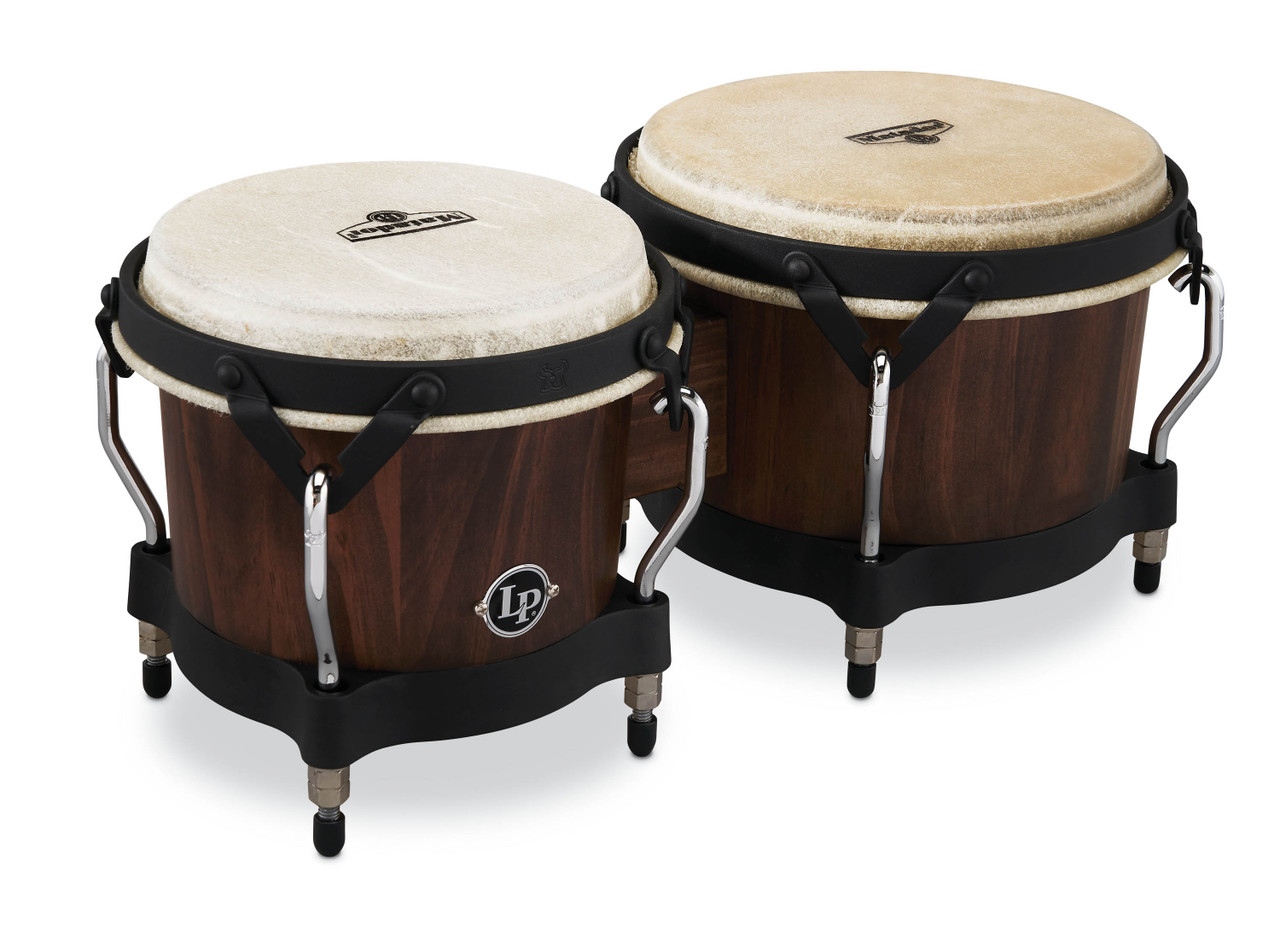 Latin Percussion LP Matador Traditional 7-1/4"-8-5/8" Bongos - Whiskey Barrel Finish with Black Hardware (M201-WB) | Musician Madness