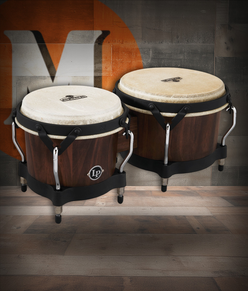 Latin Percussion LP Matador Traditional 7-1/4"-8-5/8" Bongos - Whiskey Barrel Finish with Black Hardware (M201-WB) | Musician Madness