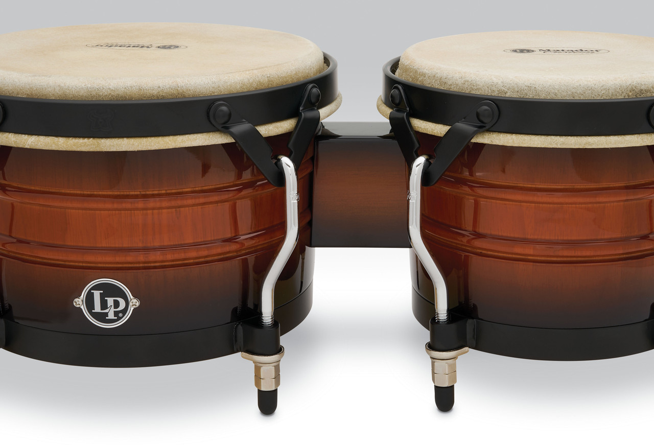 Latin Percussion LP Matador Traditional 7-1/4"-8-5/8" Bongos - Oak Vintage Sunburst with Black Hardware (M301-VSB) | Musician Madness