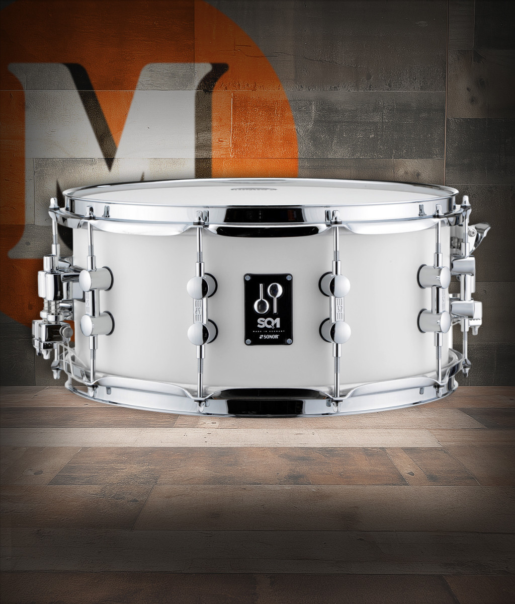 Sonor SQ1 14” x 6.5” Snare Drum – Satin Pure White (SQ1-1465-SDW-SPW) available at Musician Madness.
