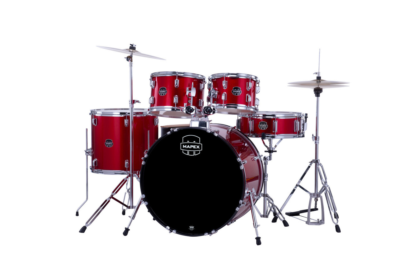 Mapex CM5294FTCIR Comet 5-Piece Drum Set with 22â€ bass drum in Infra Red, complete with hardware and cymbals.