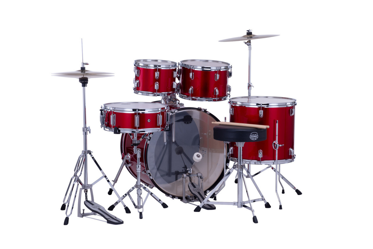 Mapex CM5294FTCIR Comet 5-Piece Drum Set with 22â€ bass drum in Infra Red, complete with hardware and cymbals.