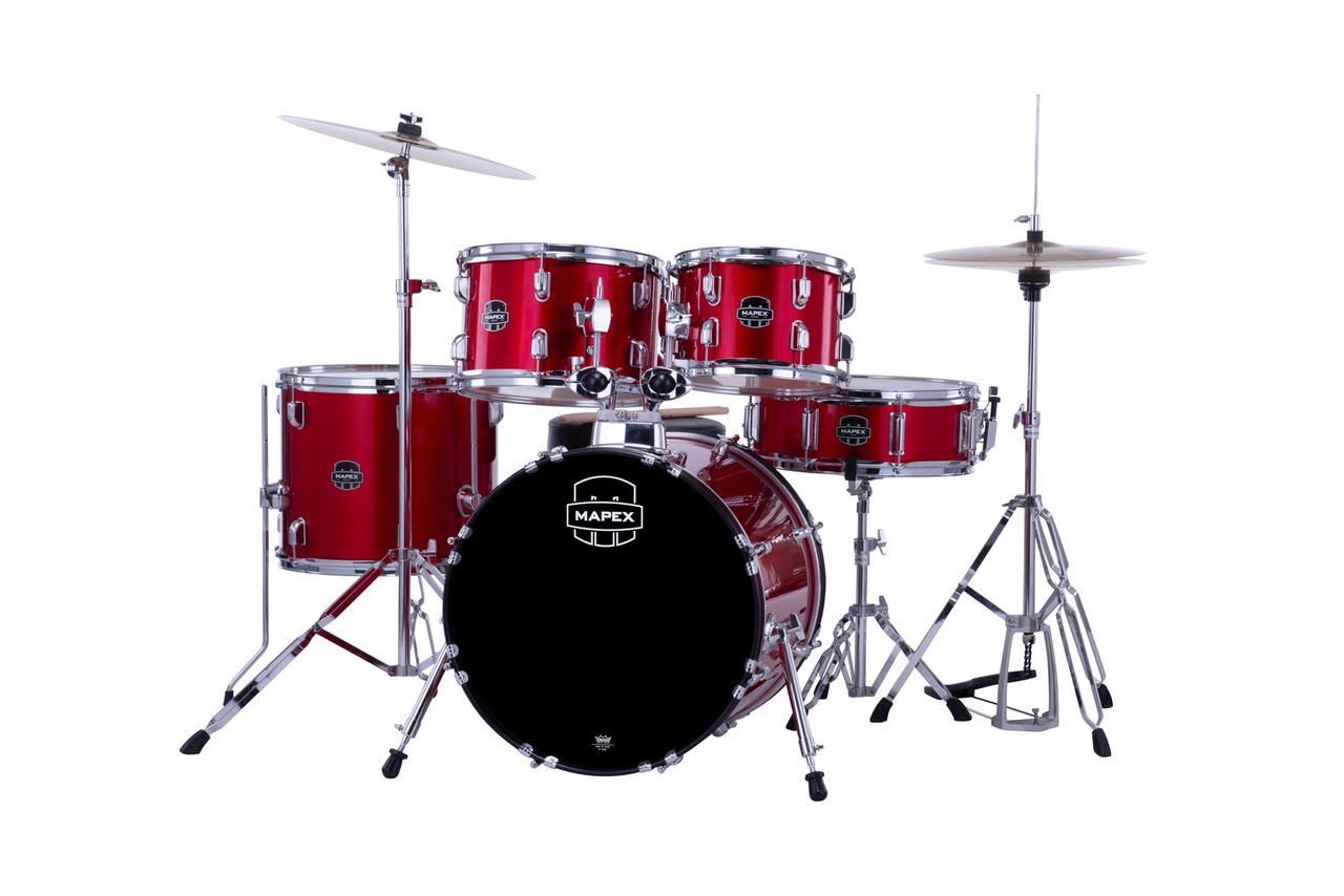 Mapex CM5844FTCIR Comet 5-Piece Drum Set with 18” bass drum in Infra Red, complete with hardware and cymbals.