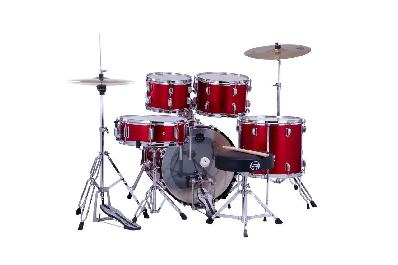 Mapex CM5844FTCIR Comet 5-Piece Drum Set with 18â€ bass drum in Infra Red, complete with hardware and cymbals.