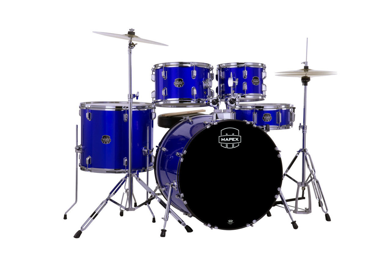Mapex CM5294FTCIB Comet 5-Piece Drum Set with 22â€ bass drum in Indigo Blue, complete with hardware and cymbals.