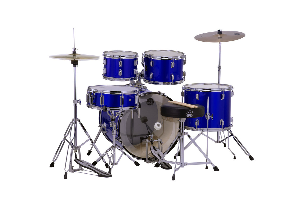 Mapex CM5044FTCIB Comet 5-Piece Drum Set with 20” bass drum in Indigo Blue, complete with hardware and cymbals.