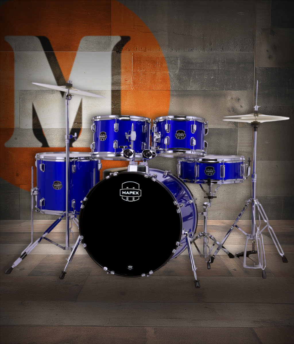 Mapex CM5044FTCIB Comet 5-Piece Drum Set with 20â€ bass drum in Indigo Blue, complete with hardware and cymbals.