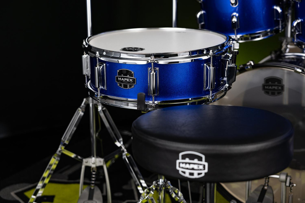 Mapex CM5844FTCIB Comet 5-Piece Drum Set with 18” bass drum in Indigo Blue, complete with hardware and cymbals.