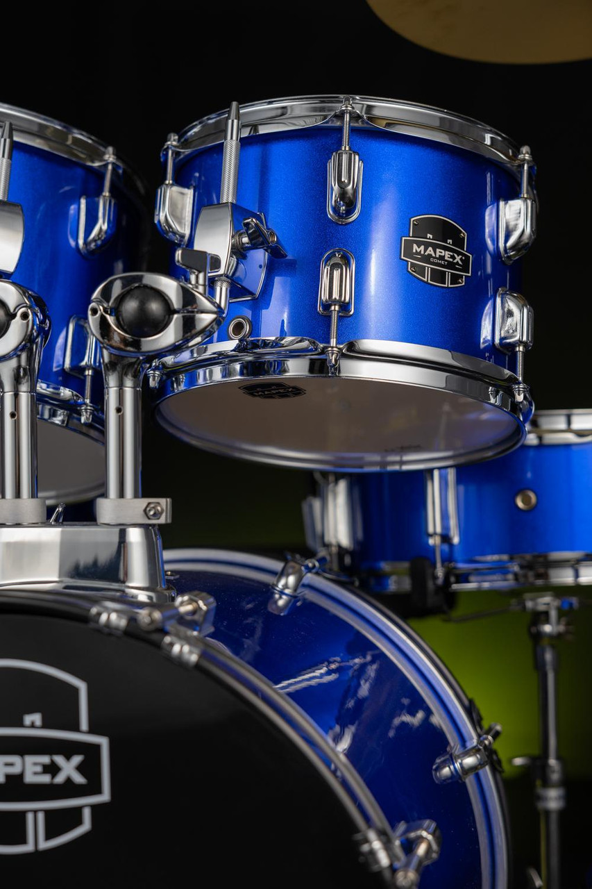 Mapex CM5844FTCIB Comet 5-Piece Drum Set with 18” bass drum in Indigo Blue, complete with hardware and cymbals.