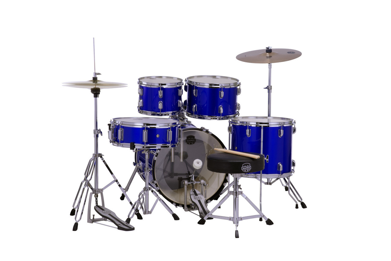 Mapex CM5844FTCIB Comet 5-Piece Drum Set with 18â€ bass drum in Indigo Blue, complete with hardware and cymbals.