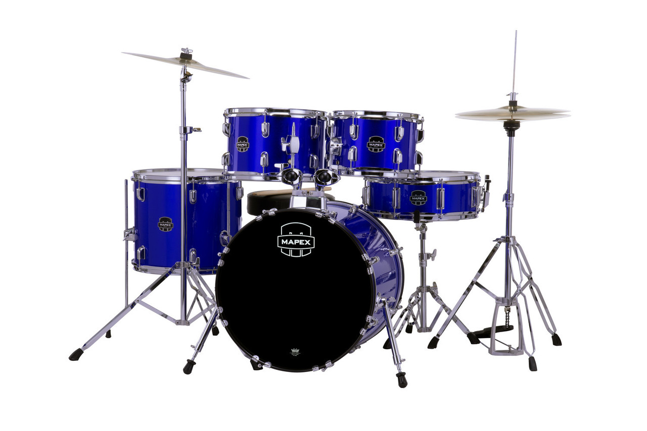 Mapex CM5844FTCIB Comet 5-Piece Drum Set with 18â€ bass drum in Indigo Blue, complete with hardware and cymbals.