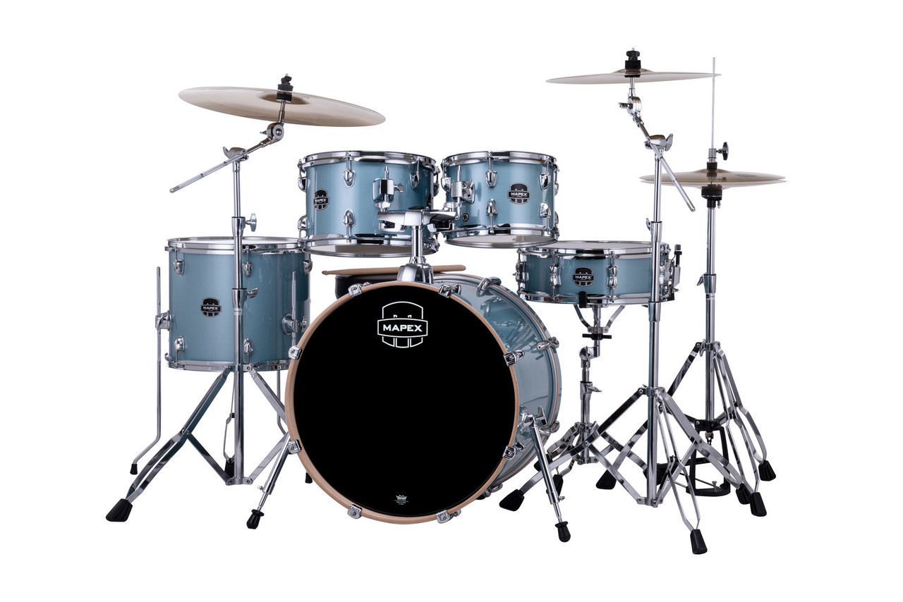 Mapex VE5045FTCVJ Venus 5-Piece Fusion Drum Set in Aqua Blue Sparkle with hardware and cymbals.
