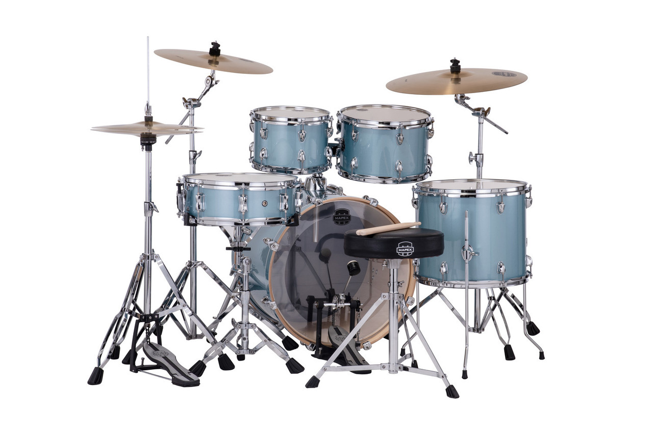 Mapex VE5045FTCVJ Venus 5-Piece Fusion Drum Set in Aqua Blue Sparkle with hardware and cymbals.