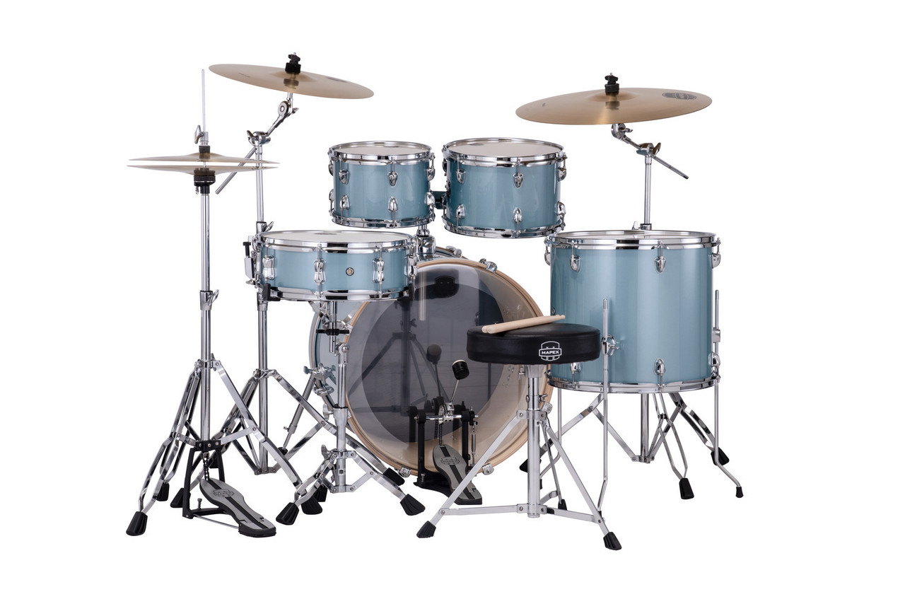 Mapex VE5295FTCVJ Venus 5-Piece Rock Drum Set in Aqua Blue Sparkle with full hardware and cymbal pack.