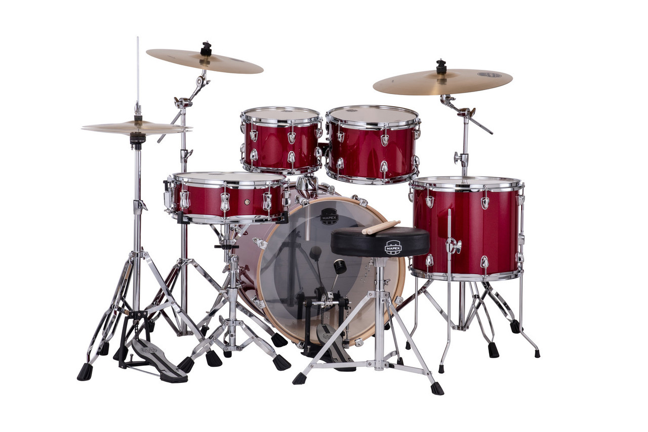 Mapex VE5045FTCVM Venus 5-Piece Fusion Drum Set in Crimson Red Sparkle with hardware and cymbal pack.