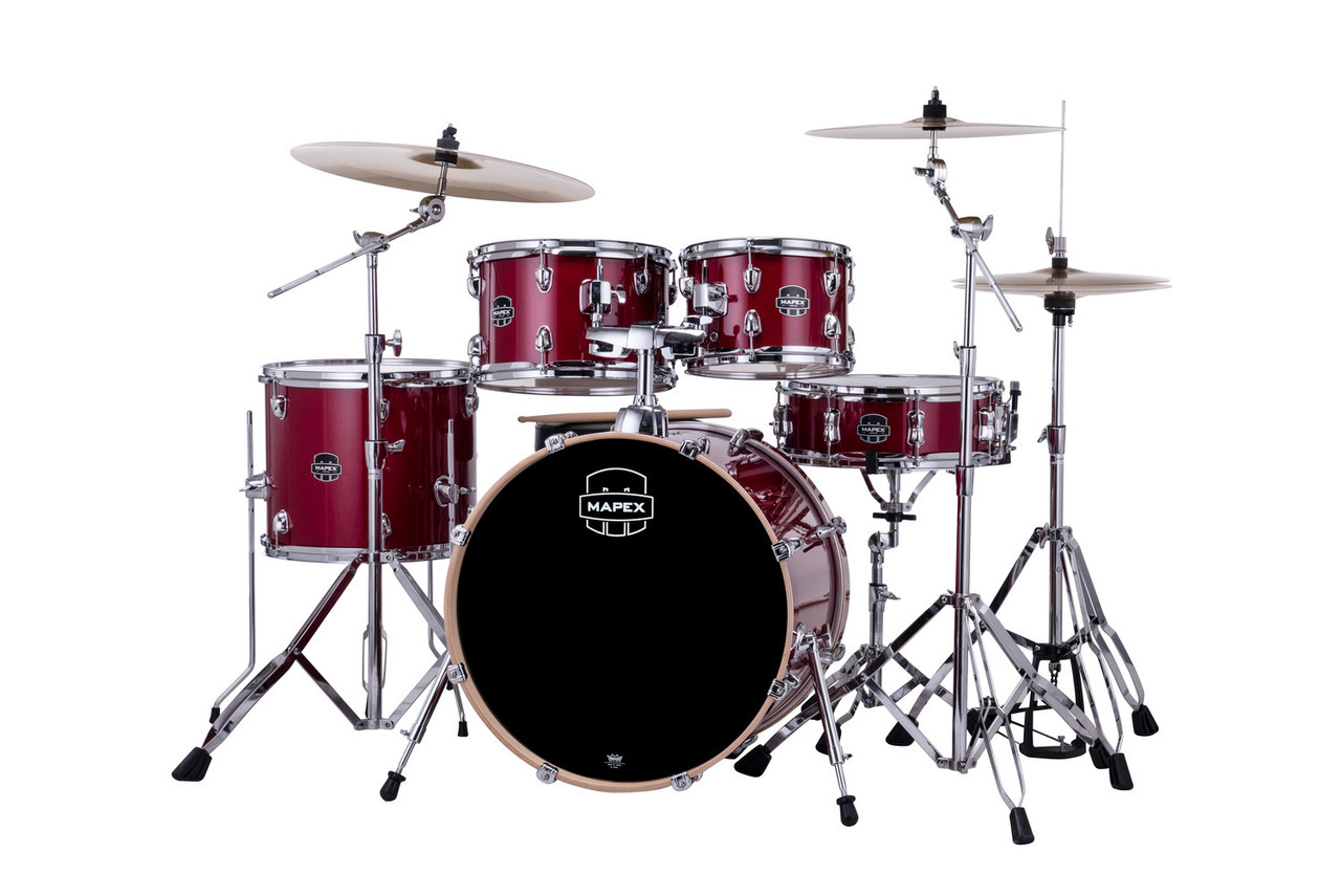 Mapex VE5045FTCVM Venus 5-Piece Fusion Drum Set in Crimson Red Sparkle with hardware and cymbal pack.