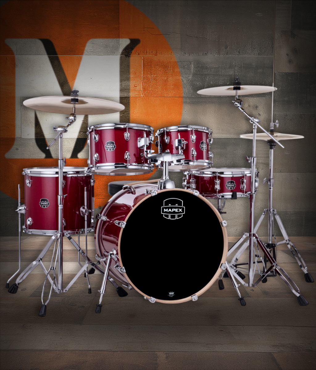 Mapex VE5045FTCVM Venus 5-Piece Fusion Drum Set in Crimson Red Sparkle with hardware and cymbal pack.