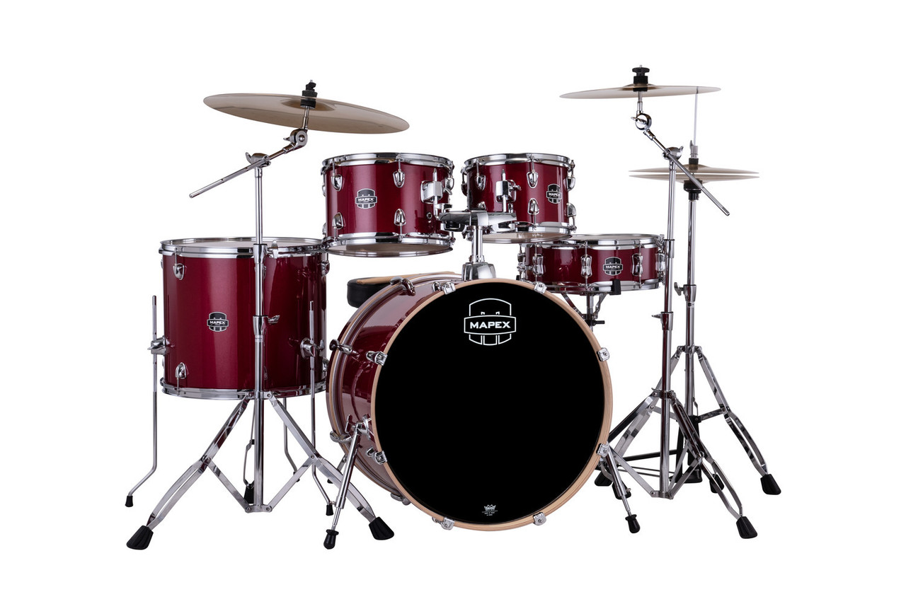 Mapex VE5295FTCVM Venus 5-Piece Rock Drum Set in Crimson Red Sparkle with hardware and cymbal pack.