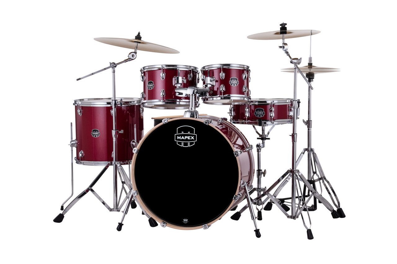 Mapex VE5295FTCVM Venus 5-Piece Rock Drum Set in Crimson Red Sparkle with hardware and cymbal pack.
