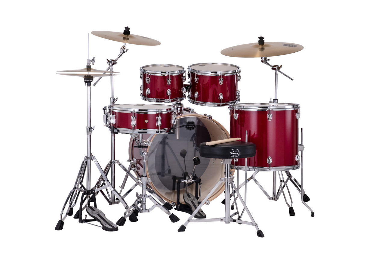 Mapex VE5295FTCVM Venus 5-Piece Rock Drum Set in Crimson Red Sparkle with hardware and cymbal pack.