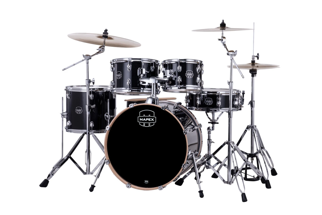 Mapex VE5045FTCVH Venus 5-Piece Fusion Drum Set in Black Galaxy Sparkle with hardware and cymbals.