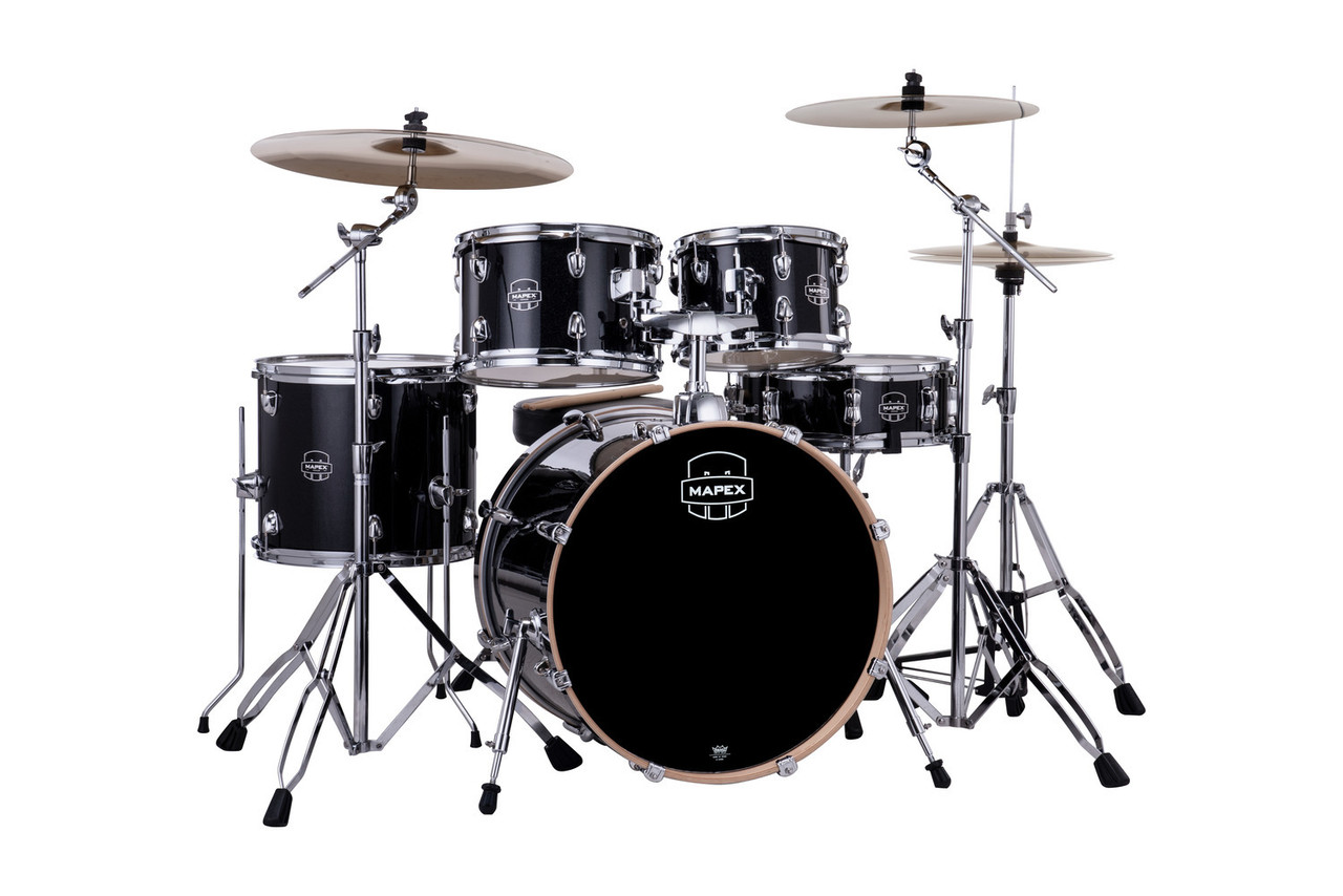 Mapex VE5045FTCVH Venus 5-Piece Fusion Drum Set in Black Galaxy Sparkle with hardware and cymbals.