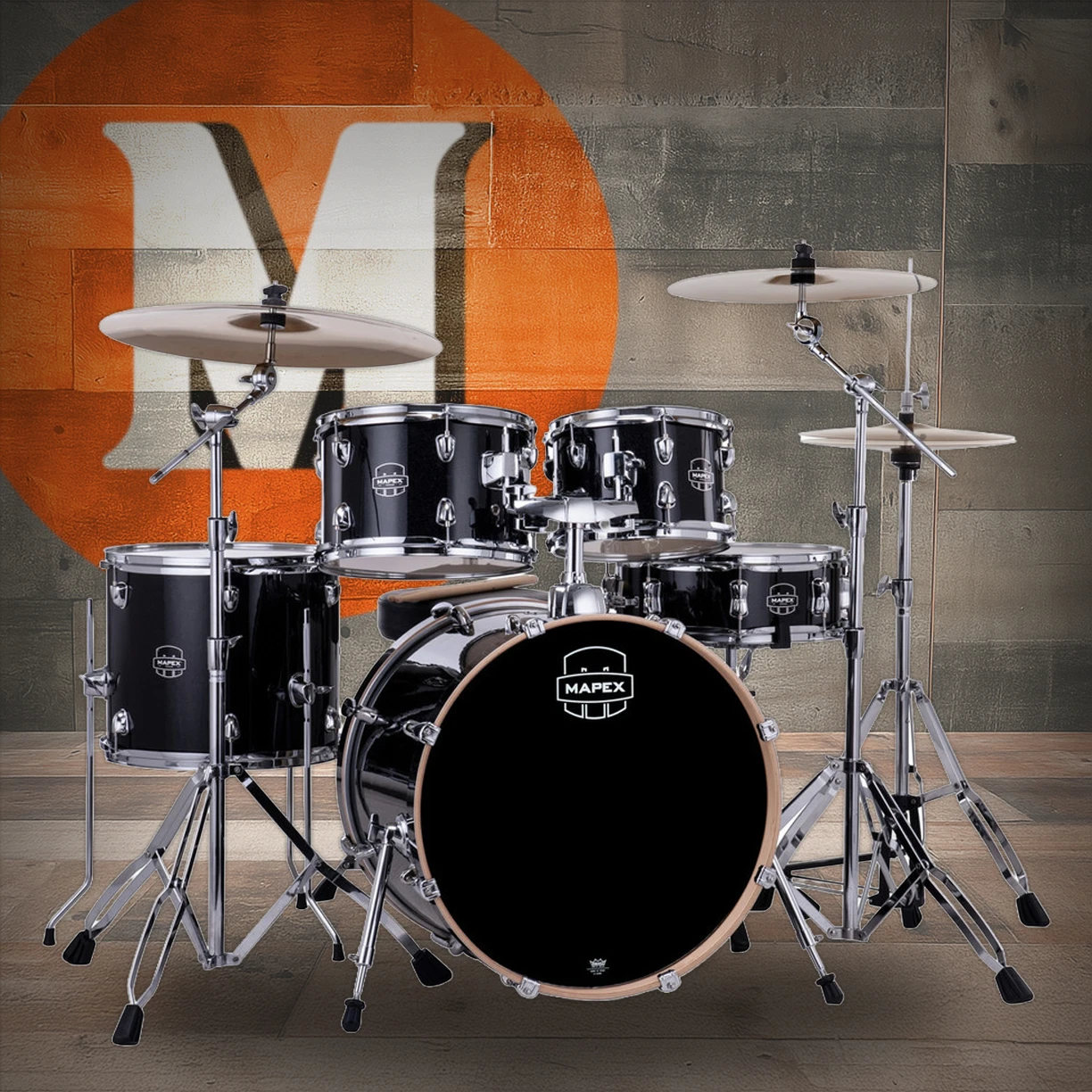 Mapex VE5045FTCVH Venus 5-Piece Fusion Drum Set in Black Galaxy Sparkle with hardware and cymbals.