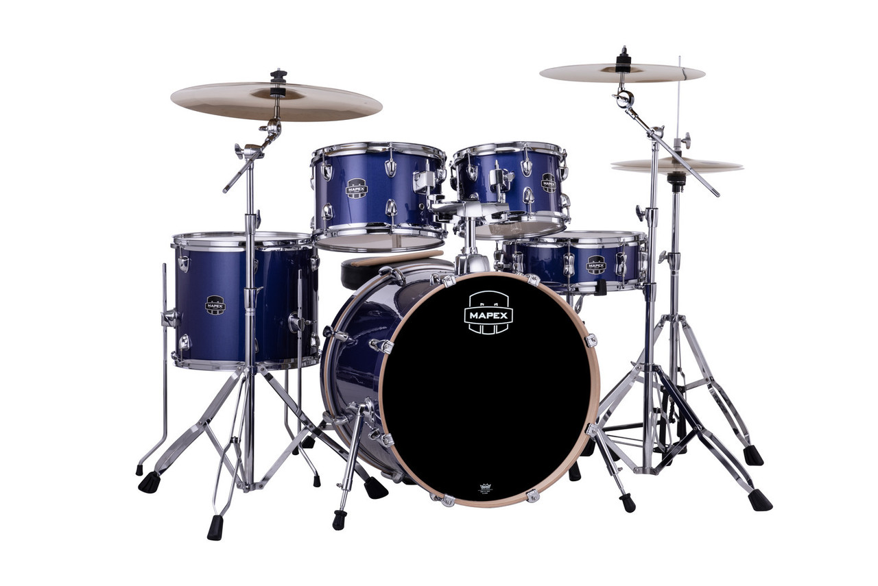 Mapex VE5045FTCVI Venus 5-Piece Fusion Drum Set in Blue Sky Sparkle with hardware and cymbals.