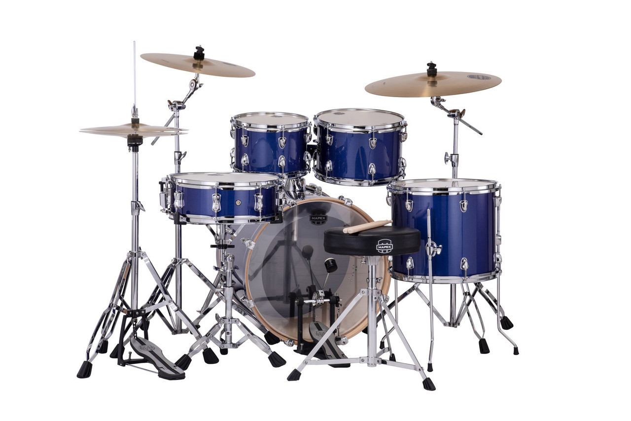 Mapex VE5045FTCVI Venus 5-Piece Fusion Drum Set in Blue Sky Sparkle with hardware and cymbals.