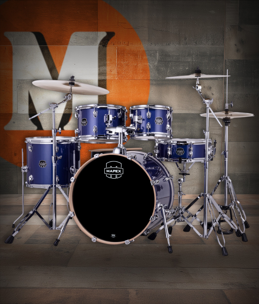 Mapex VE5045FTCVI Venus 5-Piece Fusion Drum Set in Blue Sky Sparkle with hardware and cymbals.