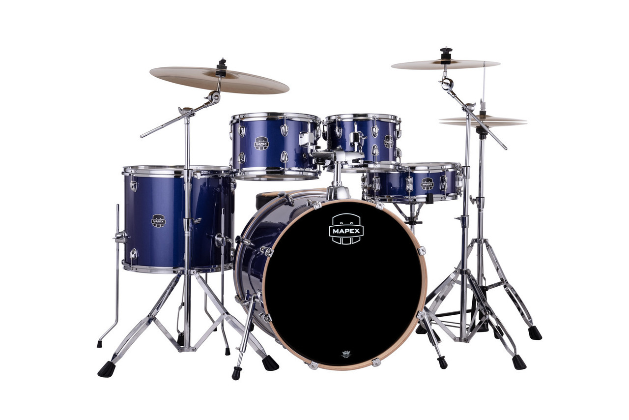 Mapex VE5295FTCVI Venus 5-Piece Rock Drum Set in Blue Sky Sparkle with hardware and cymbal pack.