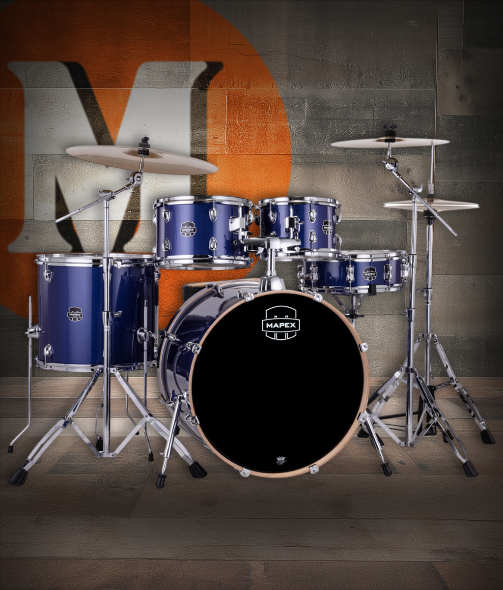 Mapex VE5295FTCVI Venus 5-Piece Rock Drum Set in Blue Sky Sparkle with hardware and cymbal pack.