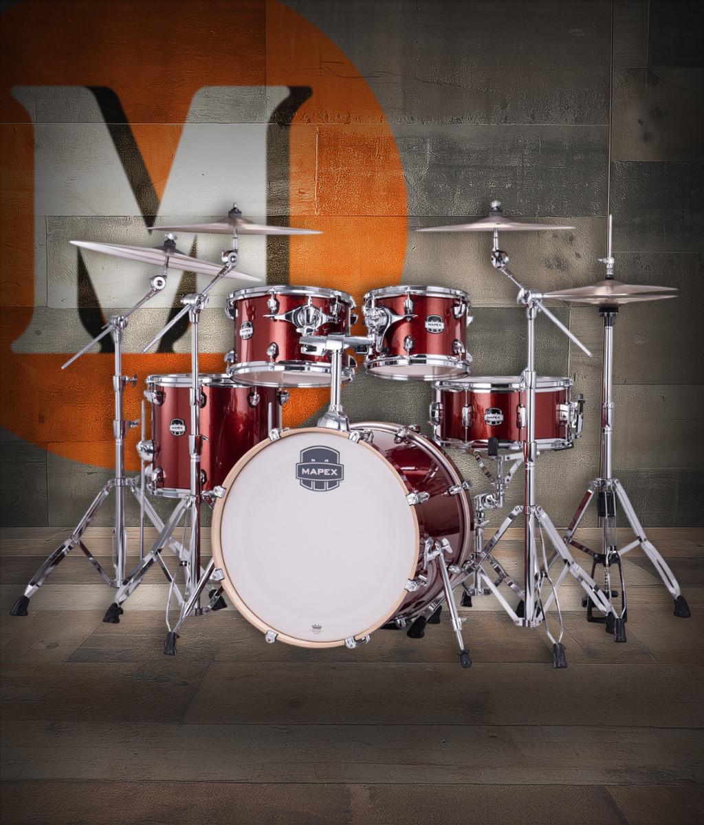 Mapex MA504SFOR Mars Birch 5-Piece Fusion Shell Pack in Blood Orange Sparkle finish.