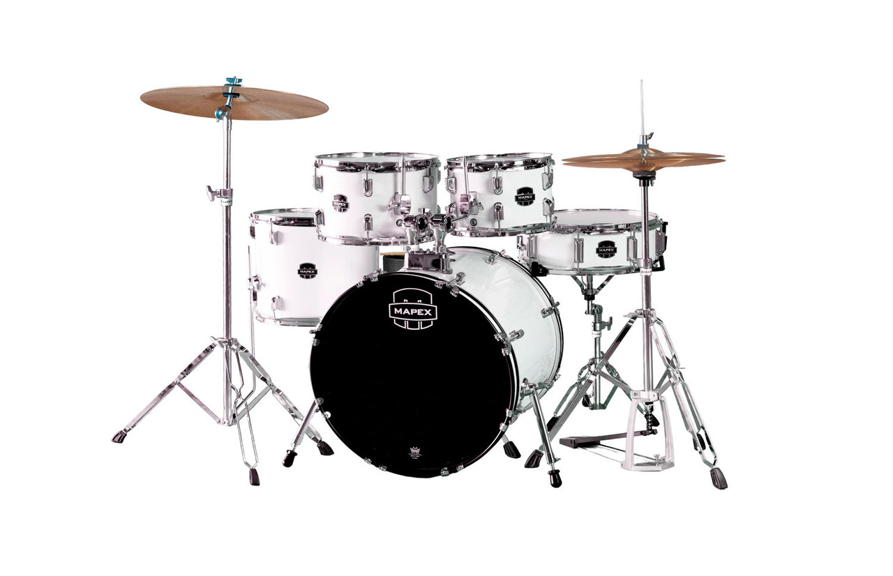 Mapex CM5844FTCFH Comet 5-Piece Drum Set with 18â€ bass drum in White Thin Grain finish, complete with hardware and cymbals.