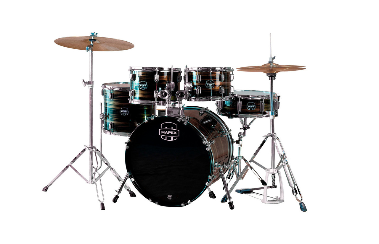Mapex CM5844FTCFJ Comet 5-Piece Drum Set with 18â€ bass drum in Ebony Yellow Grain finish, complete with hardware and cymbals.
