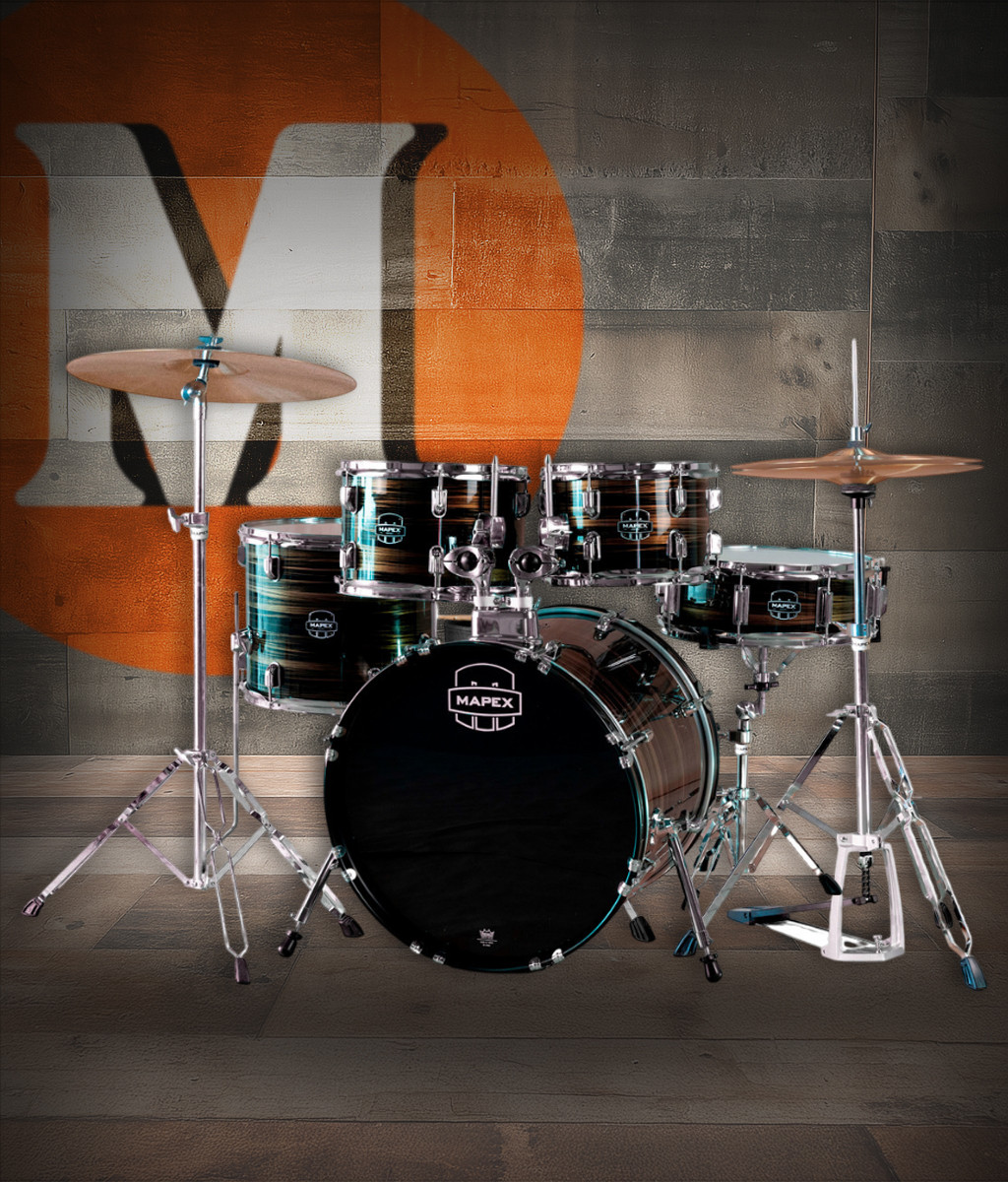 Mapex CM5844FTCFJ Comet 5-Piece Drum Set with 18â€ bass drum in Ebony Yellow Grain finish, complete with hardware and cymbals.